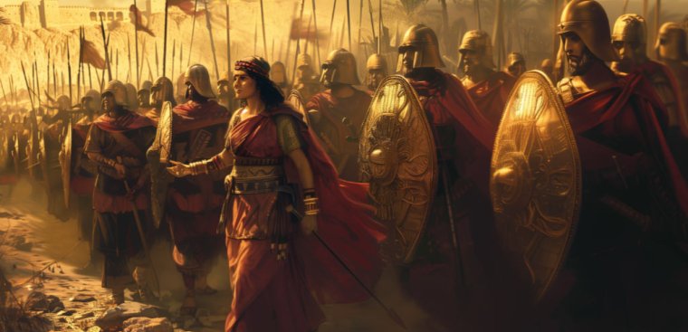 Woman standing with an army of soldiers